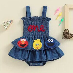 Denim Girl Dress First Birthday clothes Sesame Street outfit Elmo girl sundress